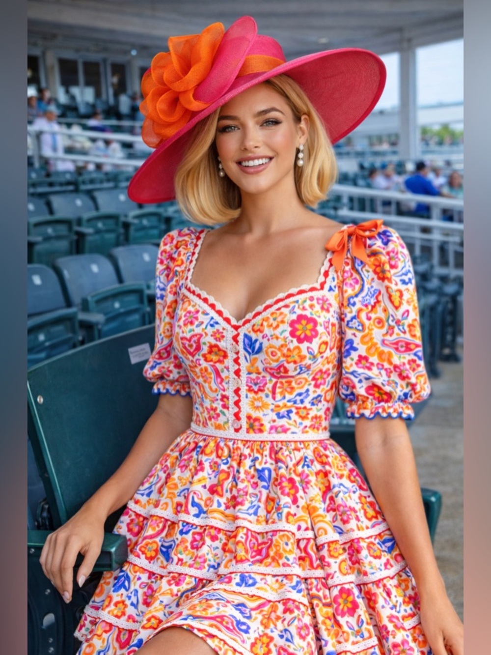 Kentucky Derby Hat Wide Brim KY Oaks Bow Floral Pink Orange Sinamay Lightweight